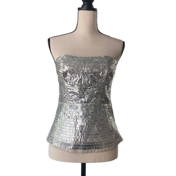 Alice + Olivia Tops - Alice + Olivia Silver Sequin Corset Strapless Top SZ 8